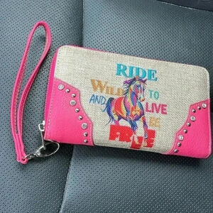 ❤️2/$30❤️Montana West Wallet Ride Wild Live Free Pink Studded Strap Colorful